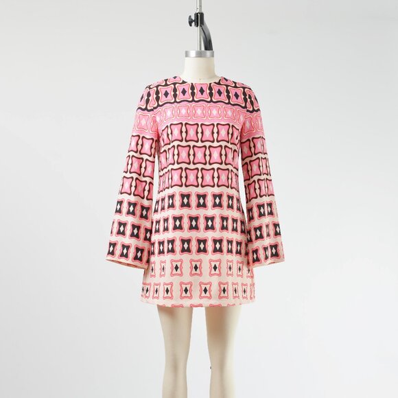 Zara Retro Mod Geometric Printed Mini Dress Long Sleeve Small - Picture 2 of 7